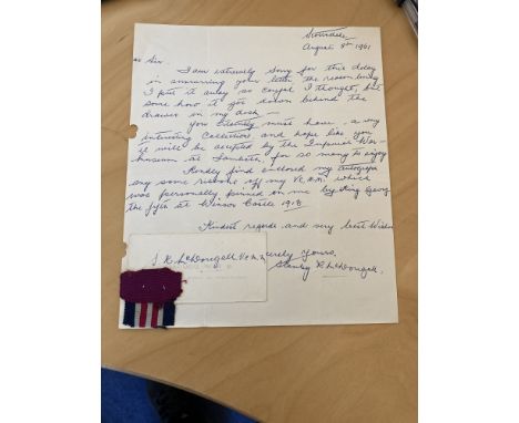 Stanley McDougall VC ALS hand written letter dated 8th August 1961 comes with an actual part of ribbon from his Victoria Cros