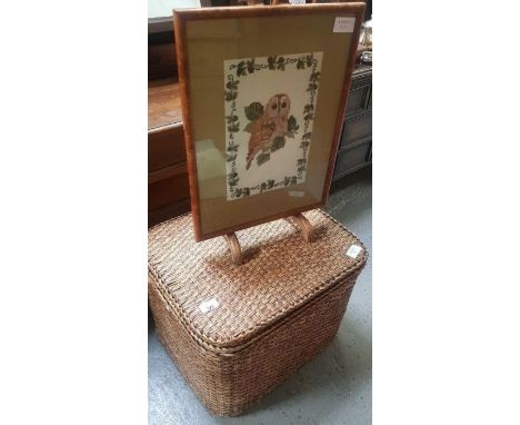 Large wicker basket along with a tapestry fire screen