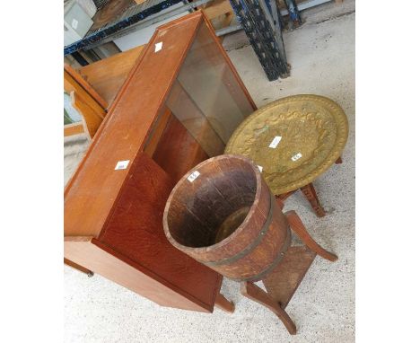 20th century style display unit along with an oak barrel planter and a Middle Eastern tray top table