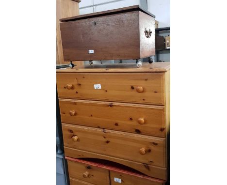 Pine chest of 3 long drawers &amp; a mahogany trunk
