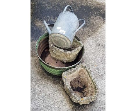 Corrugated round metal planter, galvanised watering can and 2 plant pots