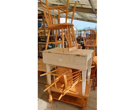 Early 20th century pine drop leaf table, 4 Ercol style chairs and a modern pine coffee table