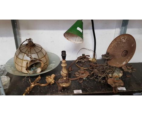 Various light fittings including an industrial style desk lamp with green enamel shade