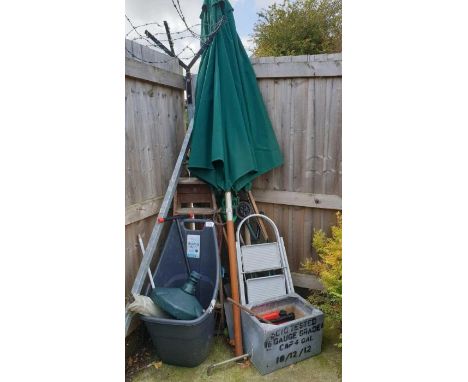 Garage equipment, parasol, galvanised tank, tools and step ladders