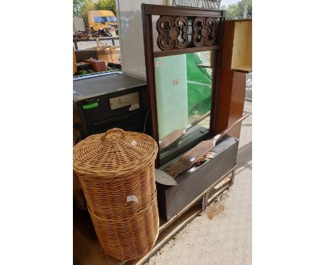 Wicker basket with lid, hardwood framed wall mirror, tool and one other item 