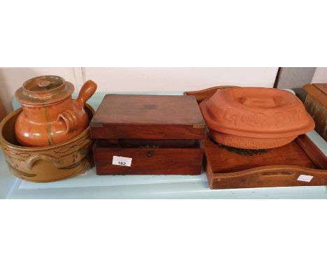 Wooden tray with painted Royal Engineers crest, brass bound writing slope &amp; terracotta cookware item