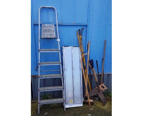 Metal ramp, metal step ladder and hand tools