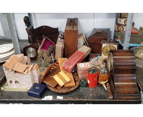 Cased clarinet, vintage suitcase, oak mantel clock and other collectables