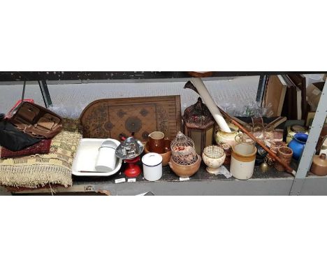 Bagatelle board, enamel containers with lids, various fabrics and other collectables