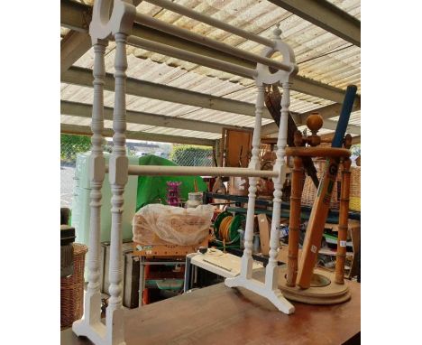 Victorian bamboo stick stand, painted towel rail, cricket bat and bellow