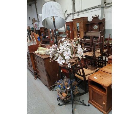 Decorative iron standard lamp along with an iron pot stand &amp; 2 wicker baskets