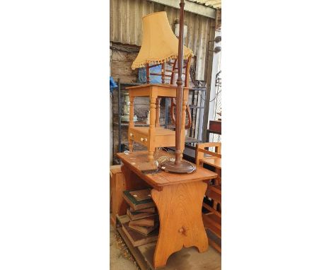 Oak trestle table, stripped pine side table in the form of books and a standard lamp