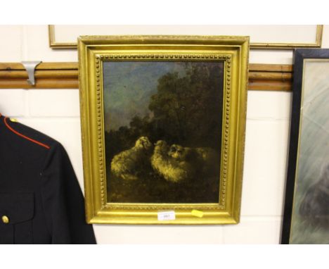 E R Smythe, oil on panel study depicting three sheep, initialled E.R.S.