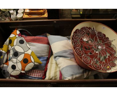 A quantity of assorted cushions and lamp shades 