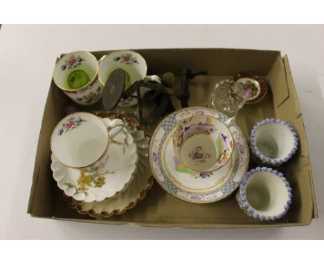 A tray of china saucers and coffee cups; a small set of brass scales etc. 