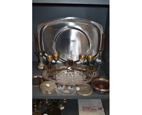 A selection of table and plated wares including trays goblets and candle stick