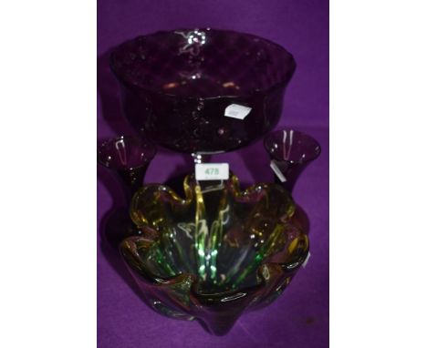 A selection of colour art glass including large footed long stem bowl and pair of purple glass vase