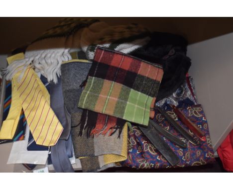 An assortment of vintage gents scarves,hats, retro ties(most unused)cut throat razors and similar.