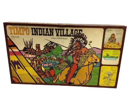 Timpo Indian Village with Wigwams, corral, canoe, totem pole, mounted &amp; foot Indians, horses, trees &amp; layout sheet (s