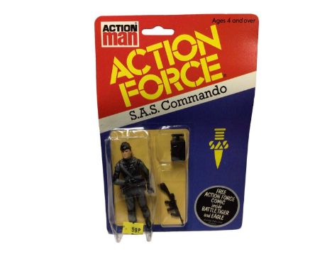 Palitoy Action Man Action Force S.A.S. Squad Leader, Commando &amp; Frogman, all on card with blister pack (3)
