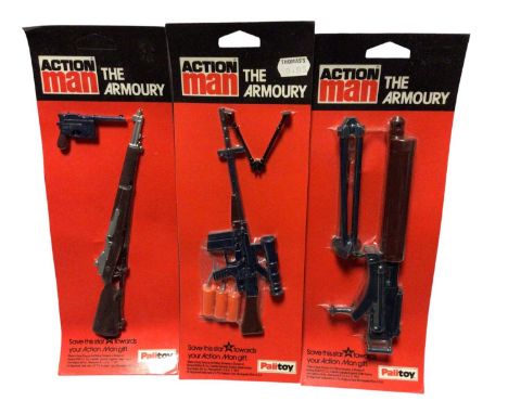 Palitoy Action Man The Armoury assorted weapons, on punched vacuum pack cards (3)