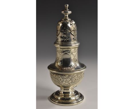 An 18th century silver pear shaped sugar caster, possibly Irish, knop finial, pierced domed cover, chased in the Rococo taste