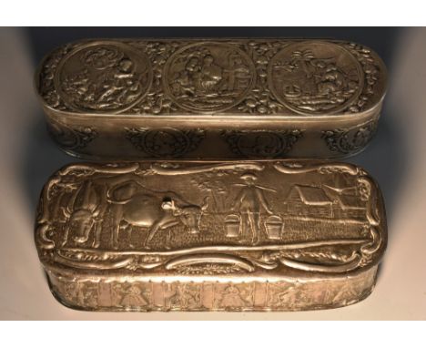 A Dutch silver rounded rectangular tobacco box, hinged cover chased with scenes from the Bible, the side with portrait rounde