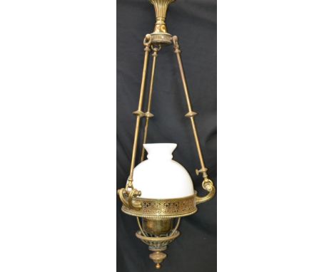 A substantial early 20th century lacquered brass ceiling lamp, pierced anthemion friezes, three scroll acanthus under finial,