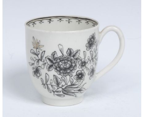 A rare Worcester coffee cup,  pencilled in black with oriental flower sprays, some picked out in gilt, the interior with styl