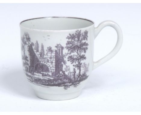 A Worcester coffee cup, grooved handle, printed in purple with a version of Robert Hancock's `Ruins' with a gentleman standin