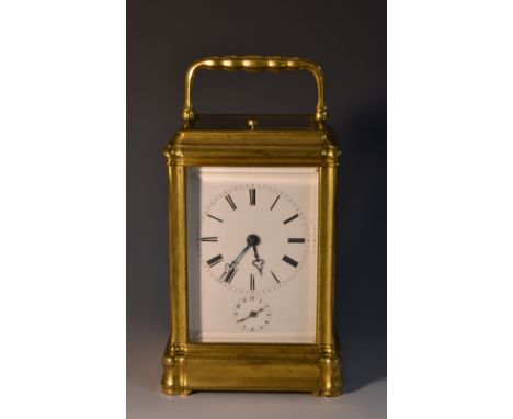A good French Grand Sonary carriage clock, the 6.5cm rectangular enamelled dial with Roman numerals, the alarm dial with Arab