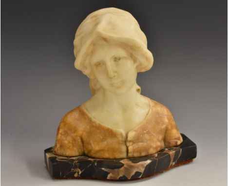 Continental School (late 19th/early 20th century), an alabaster bust, of a young lady, lost in thought, gazing slightly to si