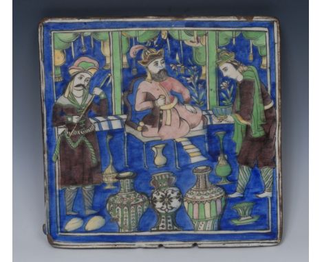 A large Persian square tile, decorated in the Iznik palette with a court attendance, 29cm high, 29.5cm wide, 19th century or 