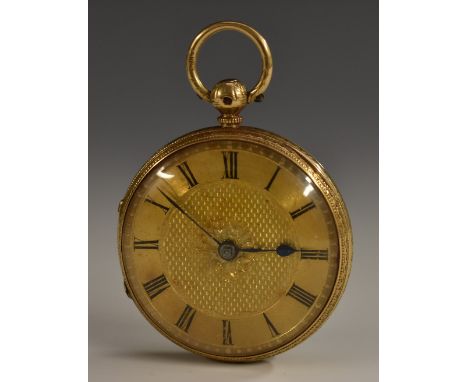 A 19th century French 18ct gold open faced pocket watch, floral engraved engine turned gilt dial, black Roman numerals, blued