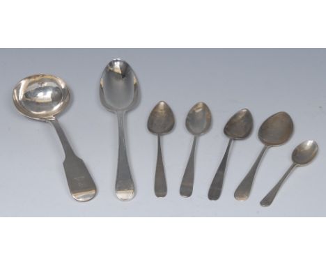 A William IV Fiddle pattern sauce ladle, Jonathan Hayne London 1831;  an Old English pattern table spoon, London 1782;  three