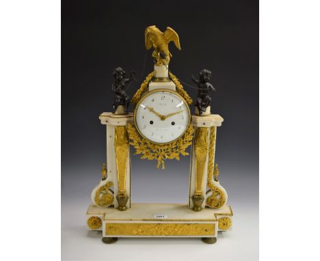 A French ormolu and carrara marble Classical Revival drum head portico mantel clock, 14cm circular enamelled dial with Arabic