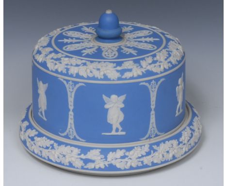 A Wedgwood blue jasper stilton dome, typically sprigged in white with classical figures, fruiting oak borders, acorn finial, 