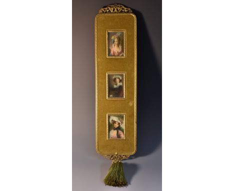 French School (20th century), a set of three portrait miniatures, of ladies, watercolour on ivorine, 6cm x 4cm, framed as one