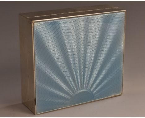 An Art Deco silver and enamel square box, the push-fitting cover engine turned with radiating bands and decorated in pale blu