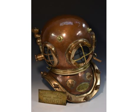 A good early 20th century Siebe Gorman & Co Ltd copper and brass 12 bolt diving helmet, with rear attachments and comms, deta