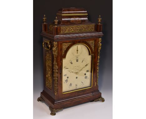 A large George III gilt metal mounted mahogany chiming bracket clock, painted 20.3cm dial, strike/silent dial to arch, Roman 