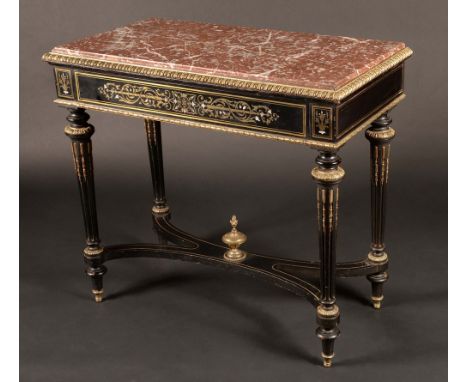 A Napoleon III gilt-metal mounted ebony and brass marquetry pier table, Rosso antico marble top above a frieze drawer, turned