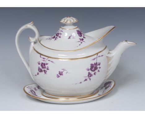 A Flight Barr and Barr Worcester boat shaped  teapot, cover,  and stand,  painted with purple flowers sprays, scroll handle, 