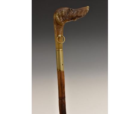 A late 19th/early 20th century novelty horn and bamboo walking stick, the pommel carved as the head of a gun dog, brass tip, 