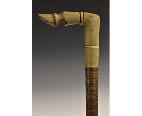 A 19th century novelty horn and specimen wood walking stick, the handle carved as a horse's fetlock, specimen wood sectional 