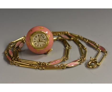 A Bucherer enamelled ball pendant watch, gilt dial, Arabic Numerals and block batons, decorated in pink transparent enamel, o