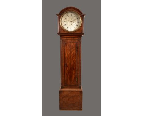 A Regency Scottish mahogany library clock, round silvered 35.6cm dial, Roman chapter, Arabic minutes, the centre engraved wit