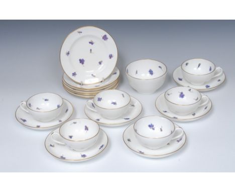 A Samson Hancock Derby tea set for six, decorated with scattered violets, gilt line borders, comprising teacups, saucers, sid