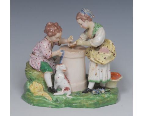 A Derby Patch Mark figure group, Children Playing Hazard, after a painting by Francois Boucher, modelled with two children st