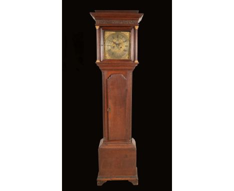 A George III oak longcase clock, 31cm square brass dial inscribed John Stancliffe, Roman and Arabic numeral, mask and leafy s